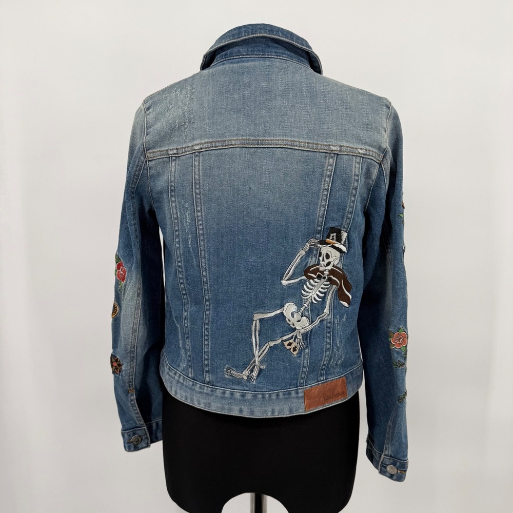 Zadig & Voltaire Zadig Kioky Embroidered Tattoo Denim Jacket Leopard Womens M - Picture 9 of 16